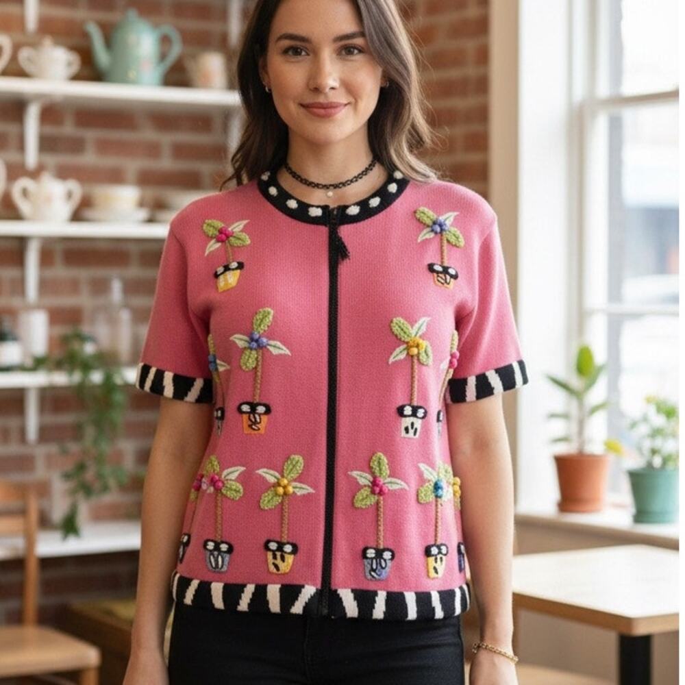 Vintage Jack B. Quick Whimsical Floral Applique Front Zip Sweater Blouse